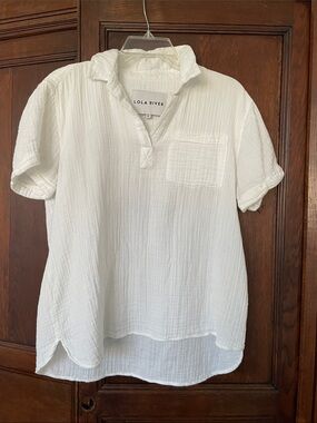 Lola River White Pure Cotton Crepe Tunic Pullover Collared Top